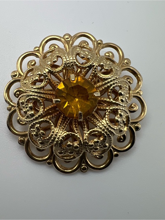 Coro Jewelry - Vintage Signed Coro Rhinestone Amber Rhinestone Glass Brooch Pin